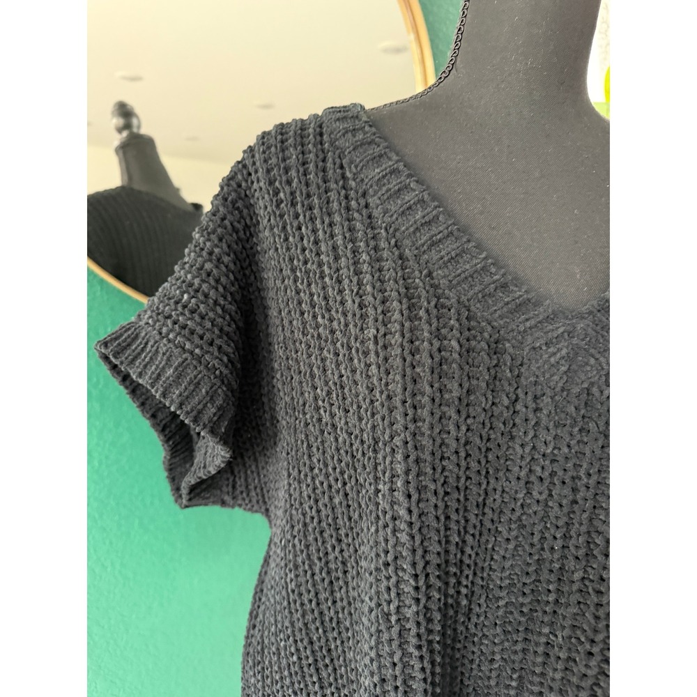 POL Black Chenille Oversized V Neck Short Sleeve Sweater Size M‎ Boho Minimalist - Picture 2 of 9